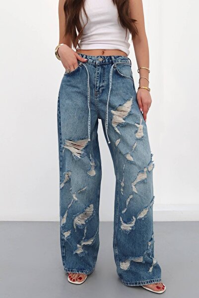 DENİKK Pantaloni din denim largi, cu design special și detaliu cu ciucuri, cr...