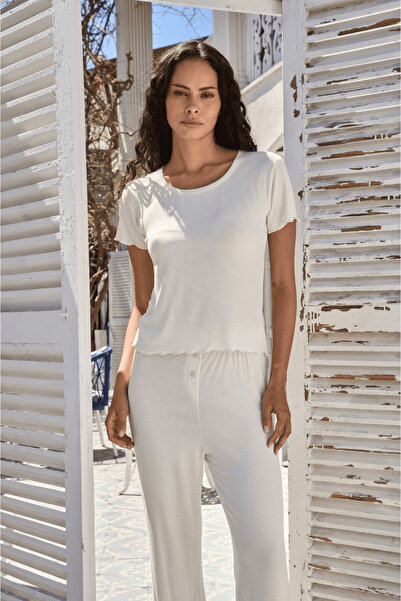 LOVELY THINGS DEBRA Modal Karışımlı Kaşkorse Kısa Kol Tshirt - Ekru