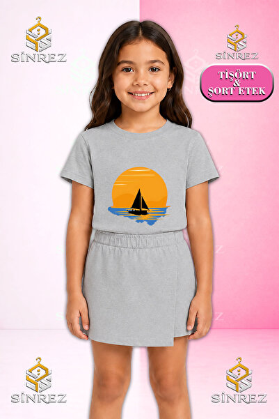 SİNREZ Set pentru fete YELKEN GUNES SIYAH Tricou cu mânecă scurtă imprimat Fu...