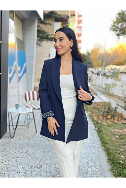 Sernisa Moda Lacivert İç Astar Desenli Blazer Ceket