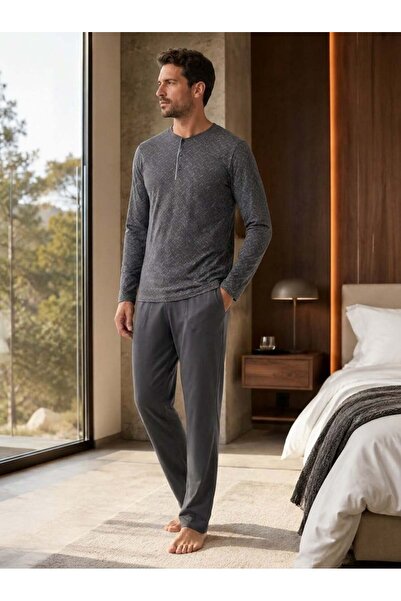 PİJAPİA Men's Long Sleeve 100% Cotton Plus Size Pajama Set Anthracite