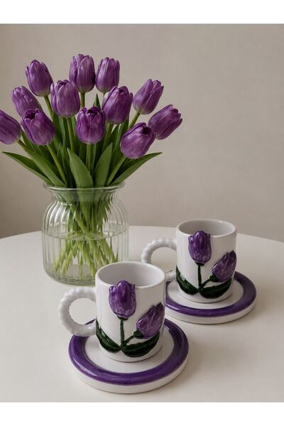 Dİ TAZZA Di TAZZA_EL YAPIMI iki kişilik dört parça_MOR_LALE 110ml KAHVE FİNCANI
