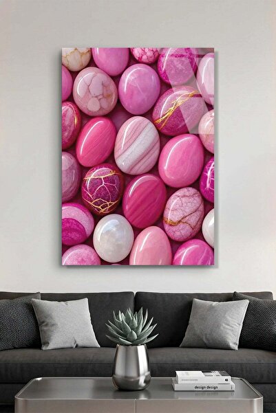 Vitraum Pastel Pembe ve Mor Doğal Akik Taşı Dokulu Cam Tablo Premium 4mm UV B...