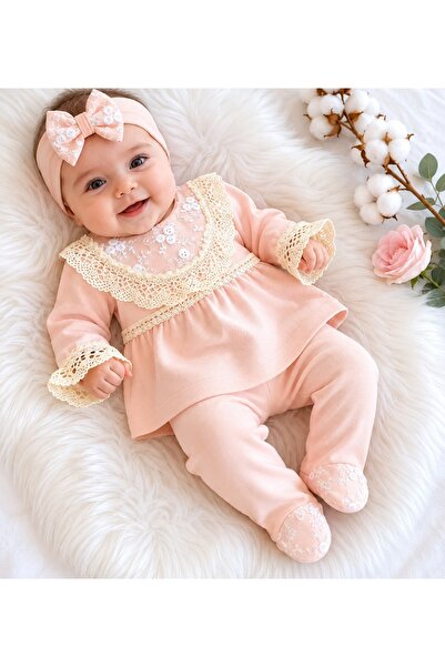 Pure Boutique Compleu elegant bebe fetita roz pudrat cu dantela si bentita 3 ...