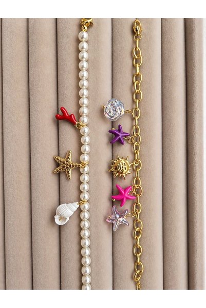 Mope Accessories Starfish & Pearl Detailed Summer Charm Bracelet