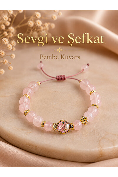 Zokak Pembe Kuvars İnci Doğal Taş Kadın Bileklik Gold Detaylı Ayarlanabilir H...