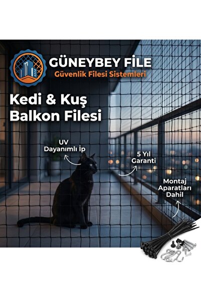 GüneyBey File Siyah Kedi Balkon Güvenlik Filesi 2x3 mt 2mm İp Kalınlığı 4x4 G...