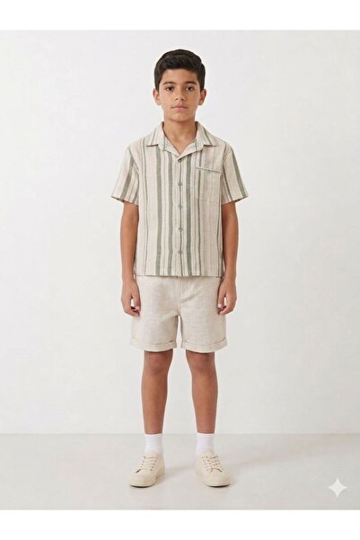 Bebeu Men's Green Striped Shirt Shorts Set