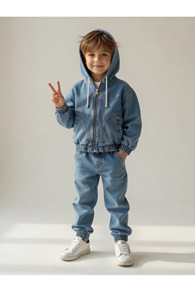 JABBER Boy's Hooded Jean Set Light Blue Denim 2-Piece Set