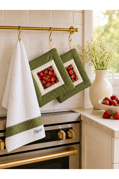 Ays Quilt طقم مناشف المطبخ وحاملها - طقم مطبخ من 3 قطع