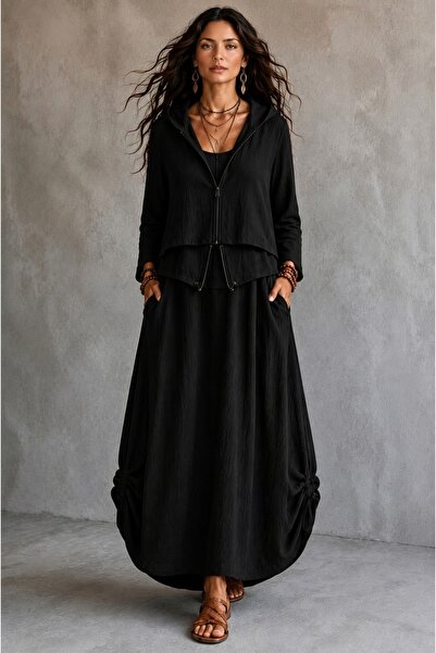 Boutique Juji BOHEM STİL MÜSLİN KUMAŞ KAPÜŞONLU CEKET & MAXİ BOY ELBİSE