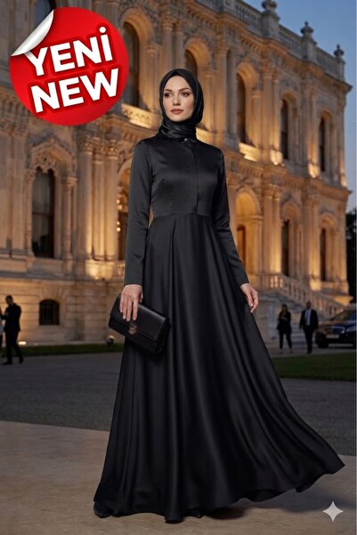 Muslima Wear Noir Elegance Premium Black French Chiffon Hijab Evening Dress