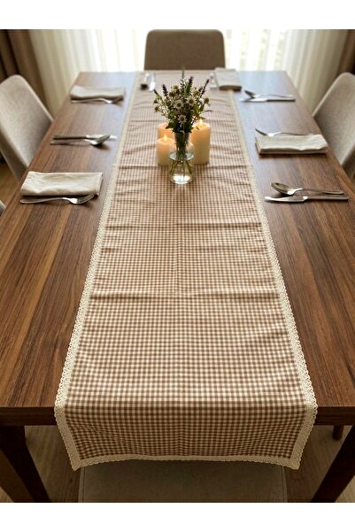 denizli hatırası Colorful Pöti Checkered Cream Laced 45X115 cm Runner