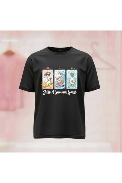 Vordevia Tricou unisex cu imprimeu Just A Summer Goose, cu gât rotund și croi...