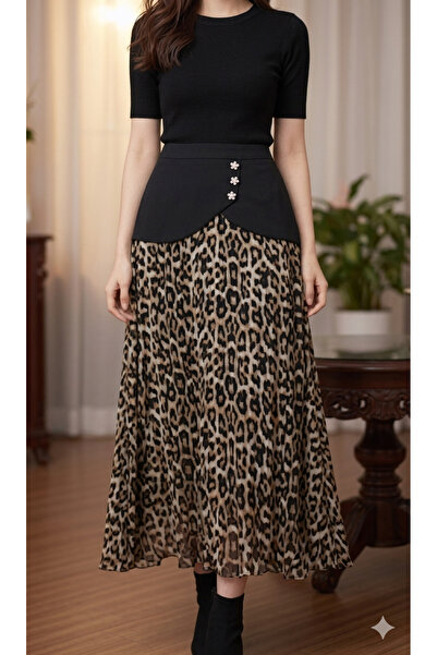 Tradinyom Leopard Patterned Skirt and Two-Piece Look Dress - Black