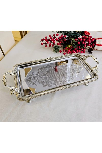 MaviDamla Rectangular Tray with Handle, Cast Metal Frame, 35*24 Silver