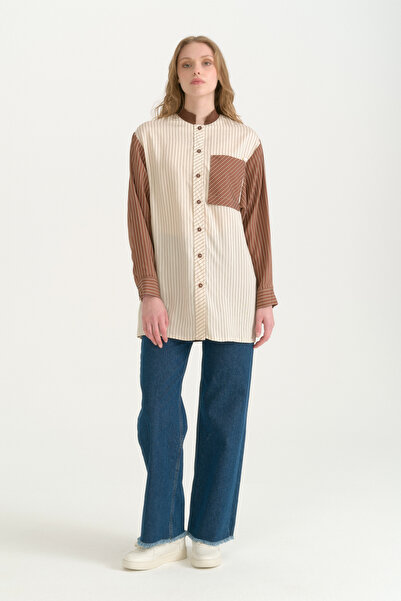Nihan Ribbed Collar Striped Viscose Tunic - Brown