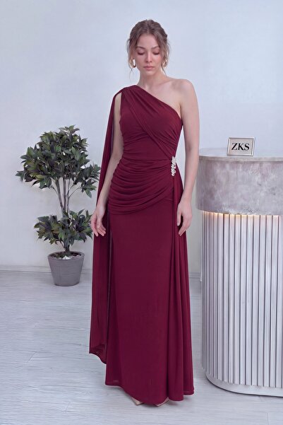 zks grup tekstil Women's One-Shoulder Cape Draped Stone Detailed Long Crepe E...