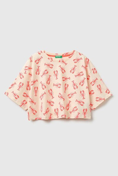 United Colors of Benetton Girl's All-Over Print Detailed Oversize Crop T-Shir...