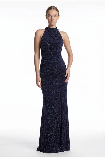 SpringStore Lacivert Halter Yaka Taş İşlemeli Abiye