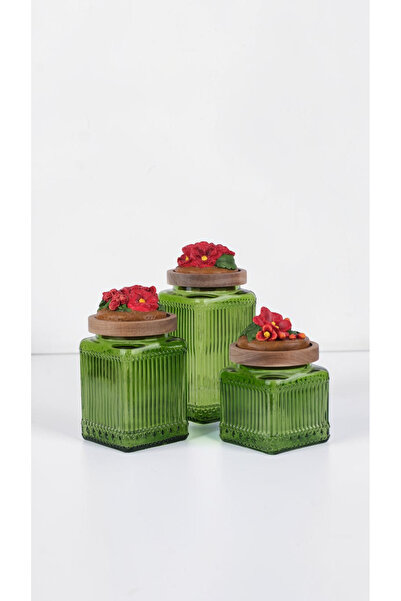 byUZUNOĞLU Vintage Country Decorative Glass Jar Set of 3 - Ruby Flower Detail...