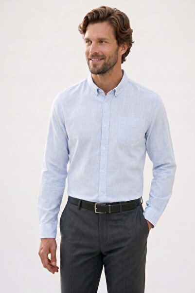 Tudors Men's slim fit long sleeve 100% cotton linen-effect button-down collar...