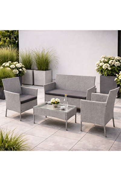 Selgot Garden Table Set, 1 Table, 1 Sofa, 2 Armchairs, Rattan Material, Light...