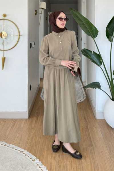 Tesettür Diyarı Yova Modal Fabric Shirt - Skirt Hijab Set - Khaki