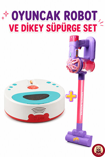 giffy Oyuncak Robot Süpürge ve Dikey Süpürge Seti Işıklı Sesli Gerçek Süpürme...