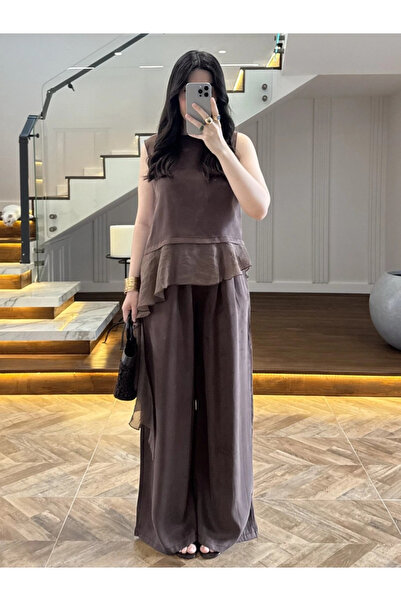 My Blog Brown Garnished Blouse and Pants Set - 51391