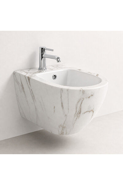 Casa Stile Vas Bideu Suspendat Alb cu Model Marmorat, Ceramică Sanitară, Mont...