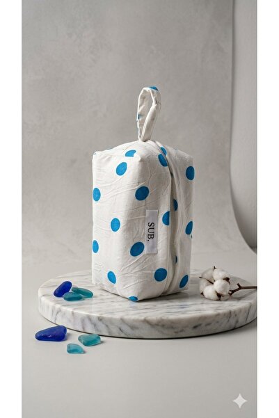 Sublime Butik White Color Blue Large Polka Dot Sweet Makeup Bag / Pen Holder