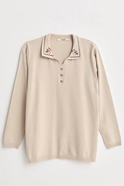 Nihan Plus Size Embroidered Polo Collar Viscose Sweater - Stone