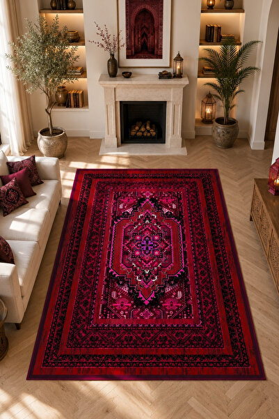 DERAS HOME Dijital Baskı Yıkanabilir Kaymaz Taban Etnik Desen Vintage Salon H...