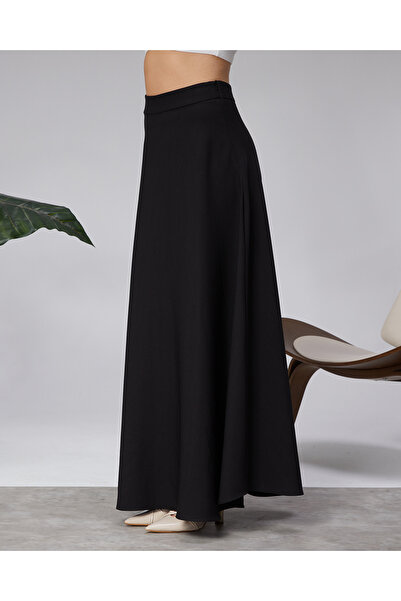 Modabenna Black Dabıl Thick Crepe Fabric Long Skirt with Buttons
