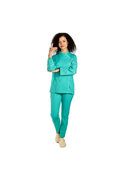 RUNI Women's green stretch chef uniform, tunic type with buttons and pants wi...
