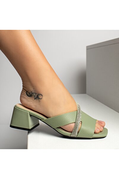 Modlet.ro Women's green block-heeled casual slippers with rhinestones MOD14348