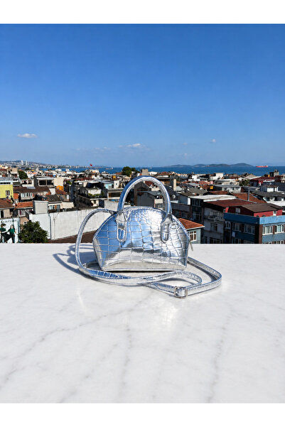 Kadın Gümüş Silver Kroko Desenli Mini El ve Omuz Çantası