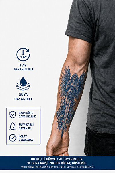 Tattoo 1 Ay Kalıcı 24 Saat Sonra Kararan Yarım Kol Kılıç ve Melek Geçici Dövm...