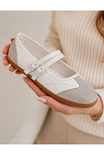 PLN SHOES Women's White Buckle Roven Mary Jane Casual Sports Ballerina Shoes
