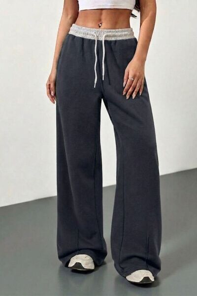 Mood Lab Waist Ribbed Knit detailed Wide-Leg comfortable sweatpants without r...