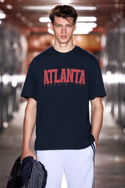 GRIMELANGE ATLANTA Erkek %100 Pamuklu Kısa Kollu Baskı Detaylı Lacivert T-Shirt