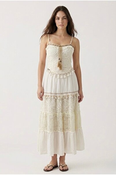 Neden Tekstil Beige Bohemian Lace Detailed Ethnic Top and Bottom Set