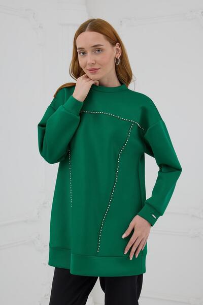 Moodbasic Gümüş İncili Scuba Tunik - Zümrüt