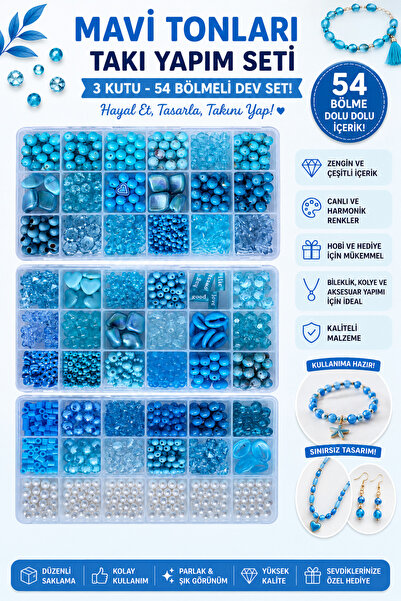 By MO Accessories 54 Bölmeli Mavi Boncuk Severlere Dev Set Boncuklarla Takı Y...