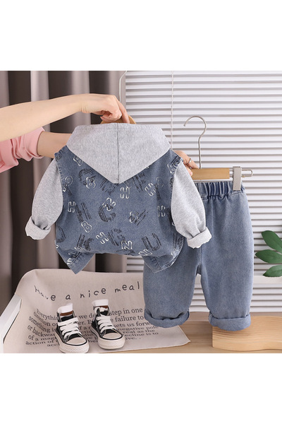 nannie Set gri pentru băieți, 3 piese – Vestă din denim, hanorac și blugi - 18-24 luni