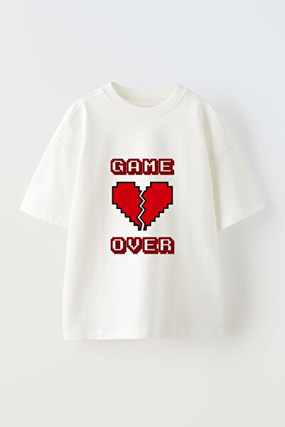 Anetos Tricou oversize alb din bumbac, cu imprimeu frontal, cu design Game Ov...