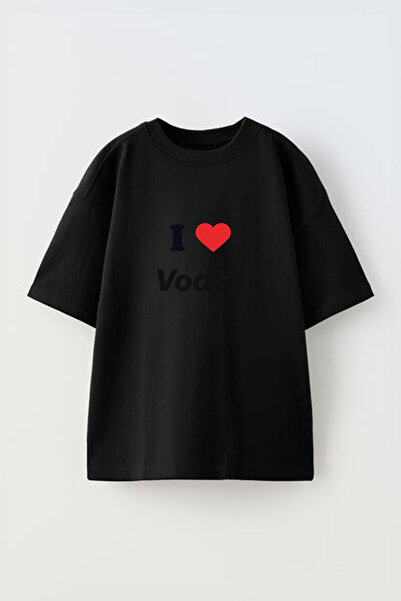 Anetos Tricou oversize negru din bumbac cu imprimeu frontal Love Vodka Design