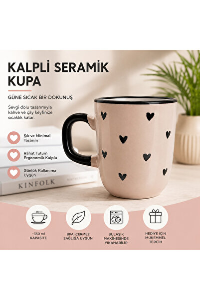 Çelik Siyah Kalp Desenli Seramik Kupa – Minimal Tasarım Kahve ve Çay Kupası 8...