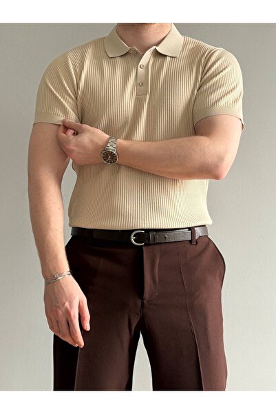 Erkek Fitilli Triko Polo Yaka Kısa Kollu T-Shirt – Şık Rahat Günlük Kombin